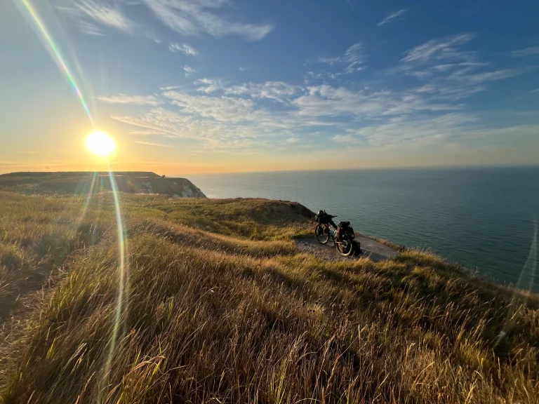 Loaded touring bicycle on a clifftop in Kent